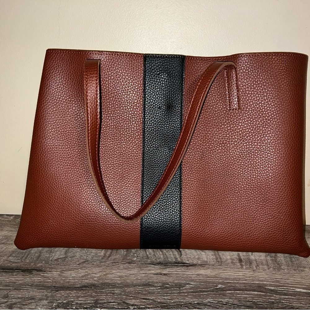 Vince Camuto Brown Black Stripe Pebbled Vegan Leather Tote Bag